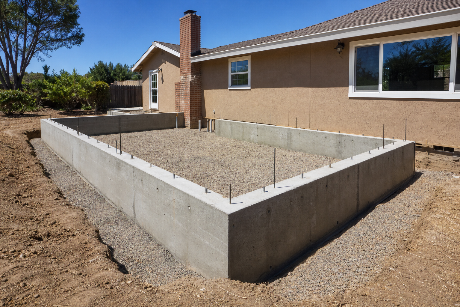 Concrete foundation stem walls for a home addition tied to an existing house