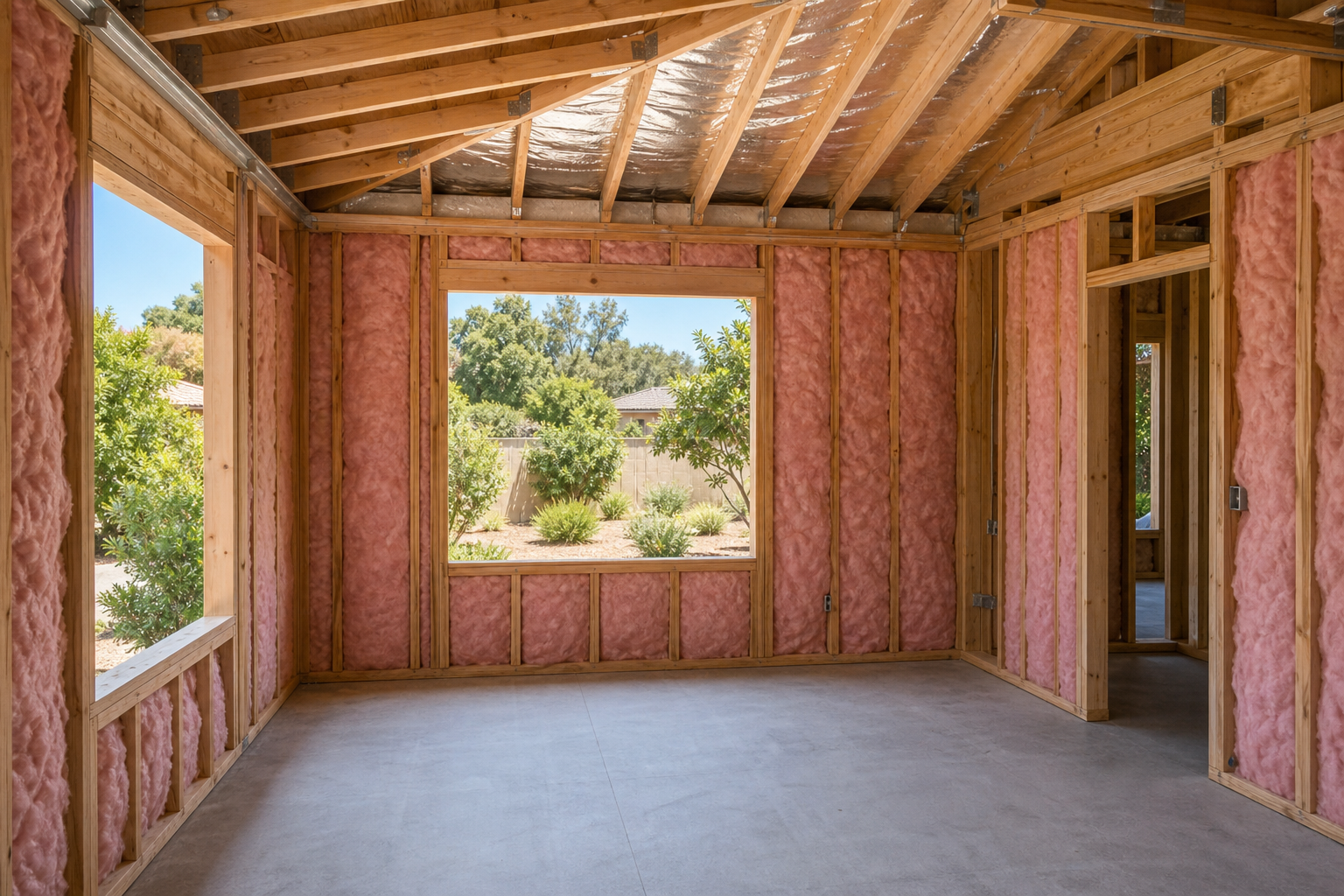 Fiberglass batt insulation installed in addition wall cavities before drywall