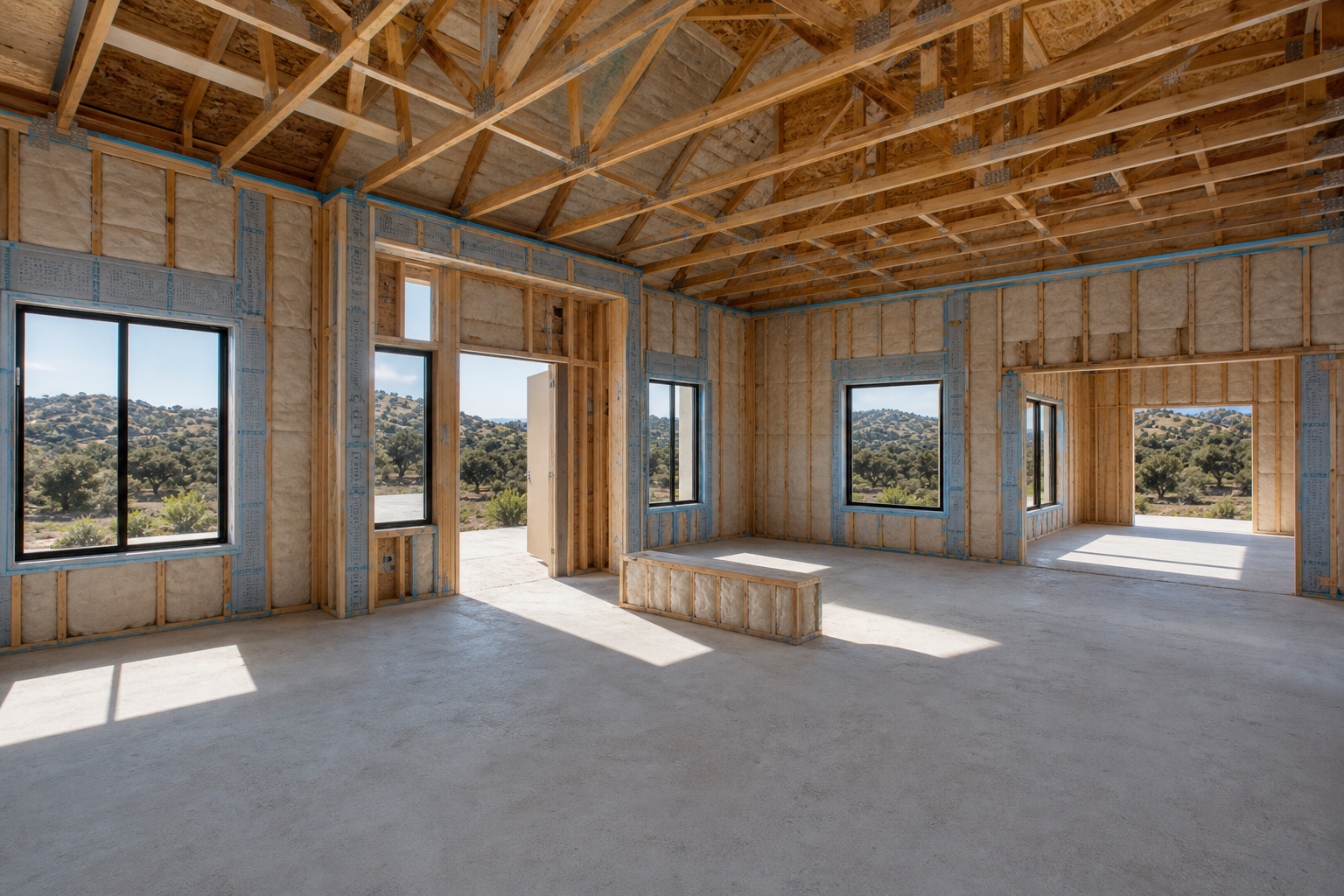 High-performance wall insulation installed before drywall in a new home