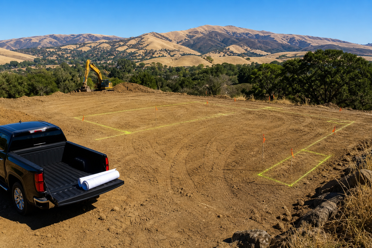 Graded building site with survey stakes for a custom new home